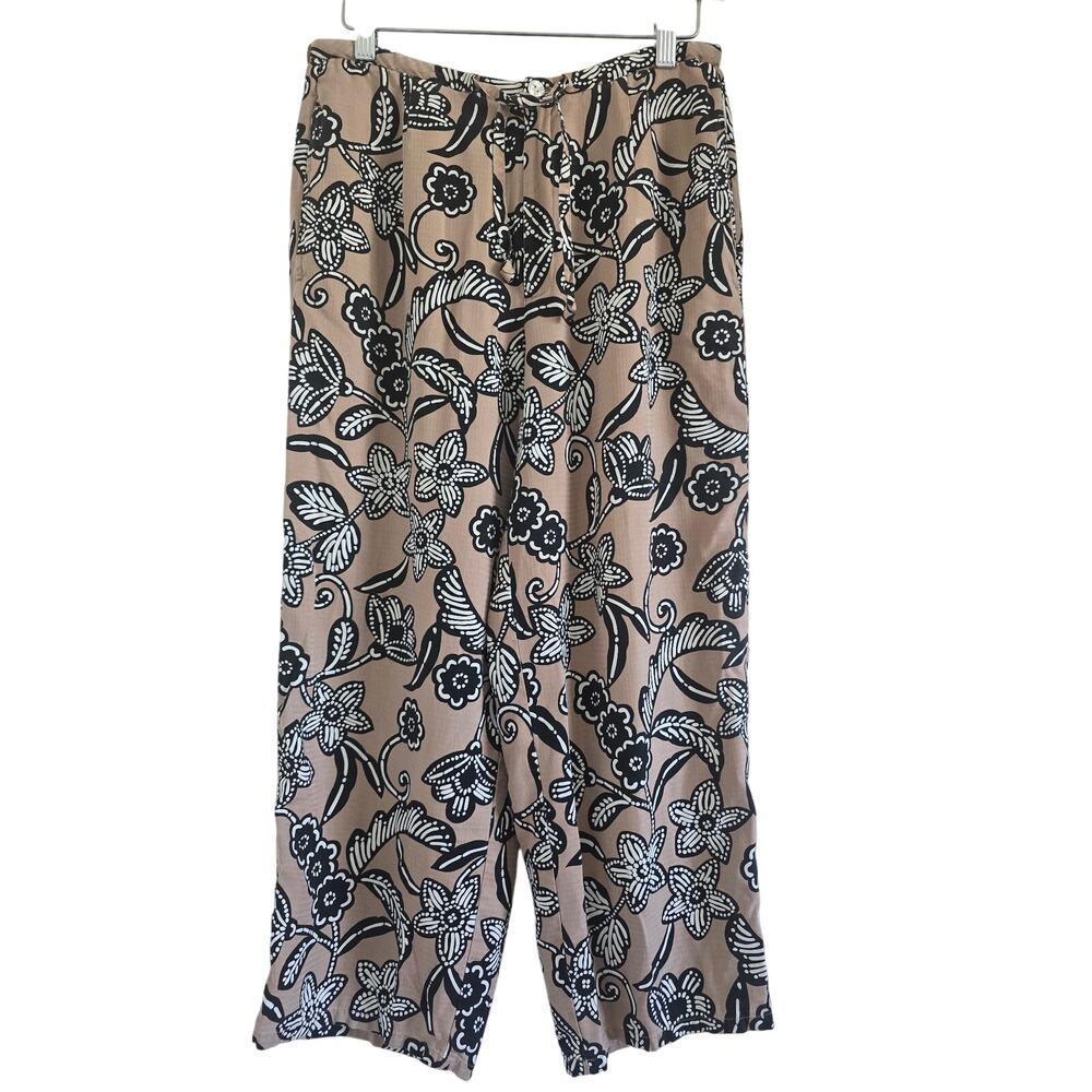 Kahala Hawaiian Floral Wide Leg Cropped Pants 100% Silk-8 Taupe Brown Relaxed